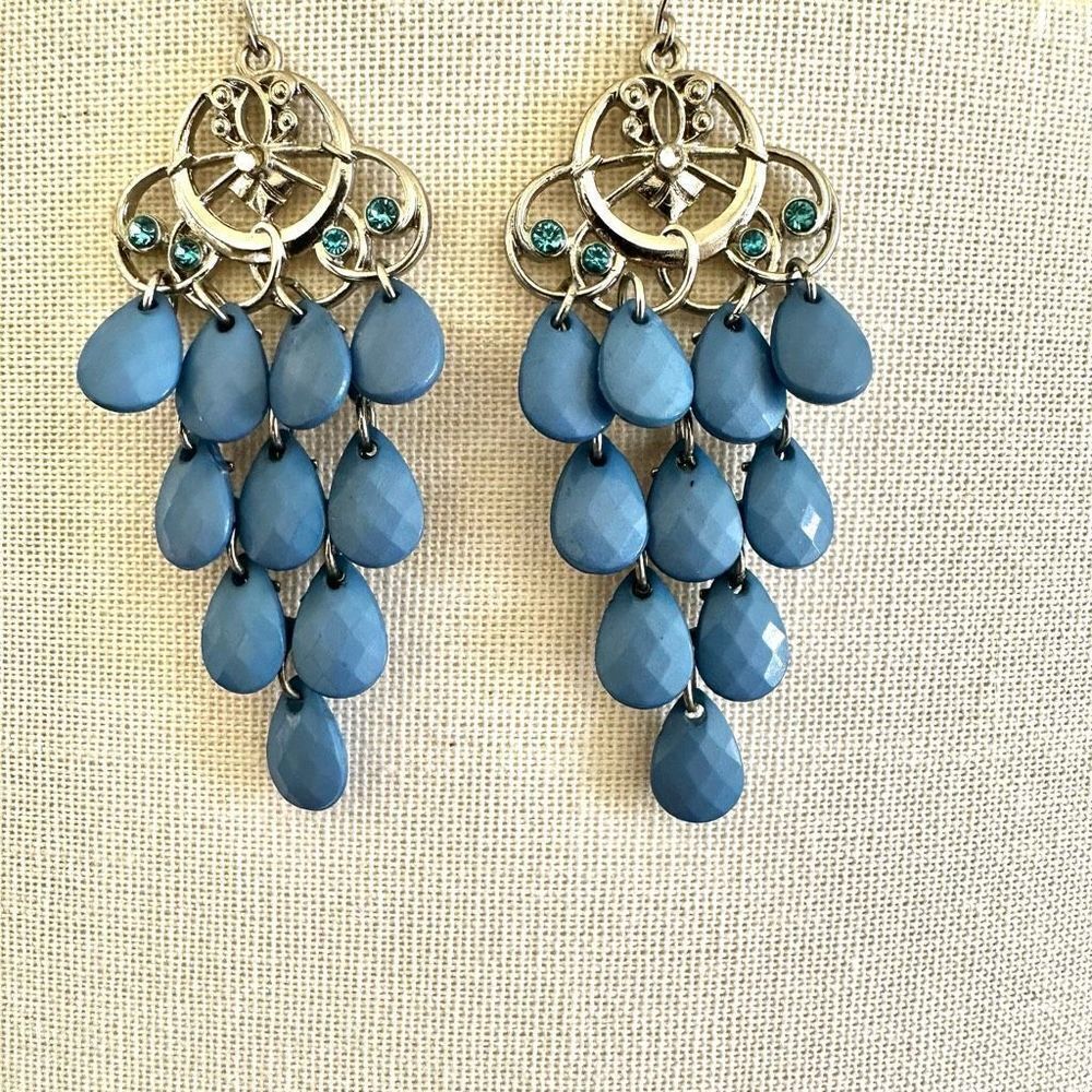 Silver tone blue beaded statement earrings